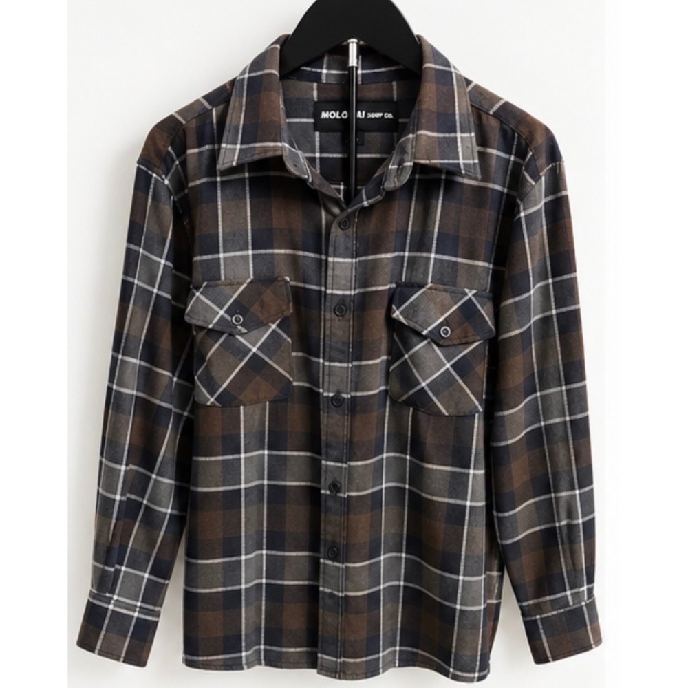 Molokai Surf Co Mens XL Plaid Button Down Shirt Brown Blue Long Sleeve Flannel